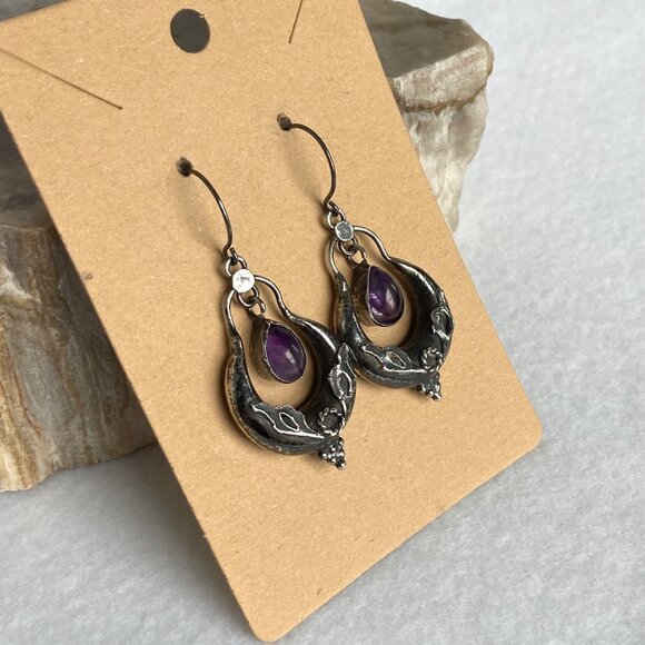 VTG Oxidized Sterling Silver 925 1.86" Amethyst Cabochon Dangle Drop Earrings - Picture 12 of 16